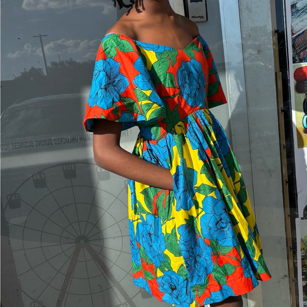 Blue and Yellow One Shoulder Sundress with Flutter Sleeves